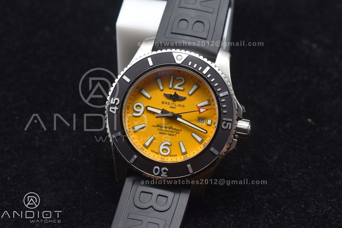 Superocean Automatic 44 TF 1:1 Best Edition Yellow Dial Black Bezel on Black Rubber Strap A2824